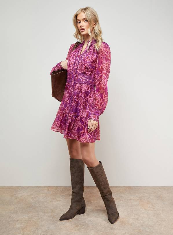 OASIS Printed Lace Trim Boho Shirt Mini Dress 18